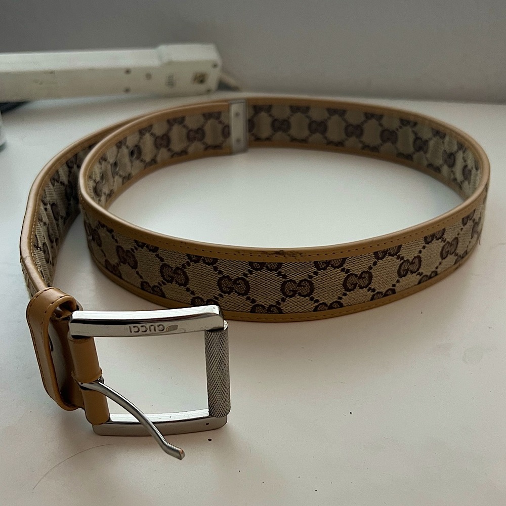 Vintage square Gucci canvas+leather belt